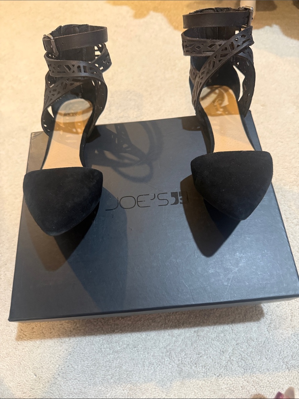 Pointed Black Suede Ankle-Strap Heels with Laser-Cut Detail